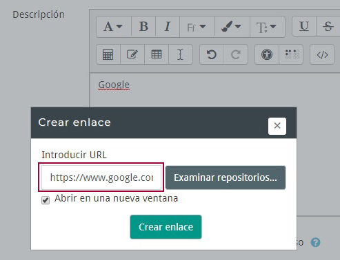 Ventana crear enlace